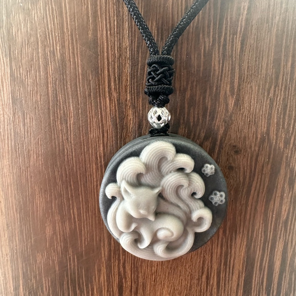 Tai Chi Stone Nine Tail Fox Pendant on Black Adjustable Rope - Picture 8 of 15